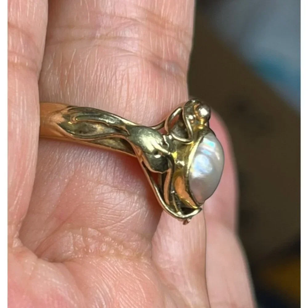 Womans 7.25 14K Tri-Color Gold Ring w/ Freshwater Pearl, Leaf Pattern 5.79g - Picture 2 of 12